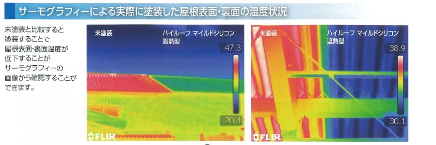 ハイルーフマイルドシリコン遮熱塗料のサーモグラフィ