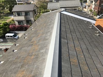 塗装前の屋根スレートのコケや汚れ