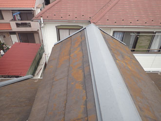 三鷹市下連雀にて屋根塗装前調査、築21年経過した化粧スレート屋根には広範囲に苔が発生していました