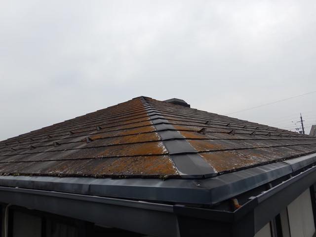 揖斐郡池田町でコケや藻が生えたスレート屋根と曲がった雨樋を調査