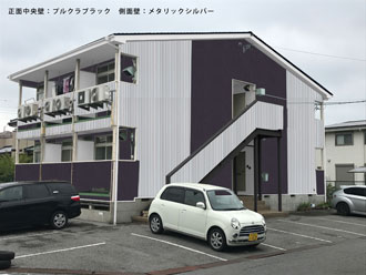 君津市　外壁カバー　カラーシミュレーション　正面中央壁：プルクラブラック　側面壁：メタリックシルバー