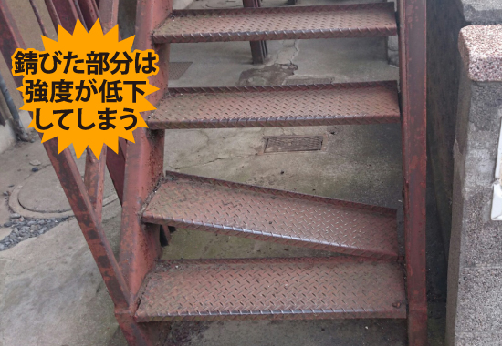 錆びて強度が低下した金属製の階段