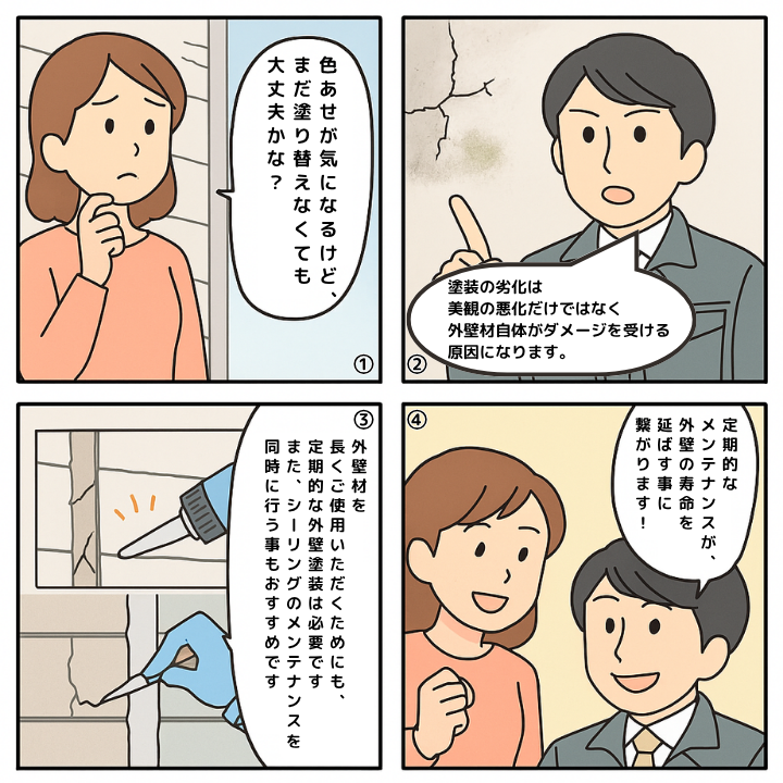外壁塗装について解説する4コマ漫画