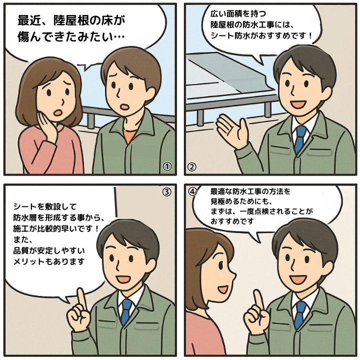 シート防水について解説する4コマ漫画