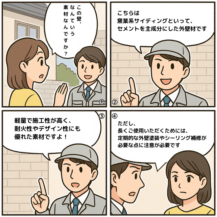 窯業系サイディング外壁について説明する4コマ漫画