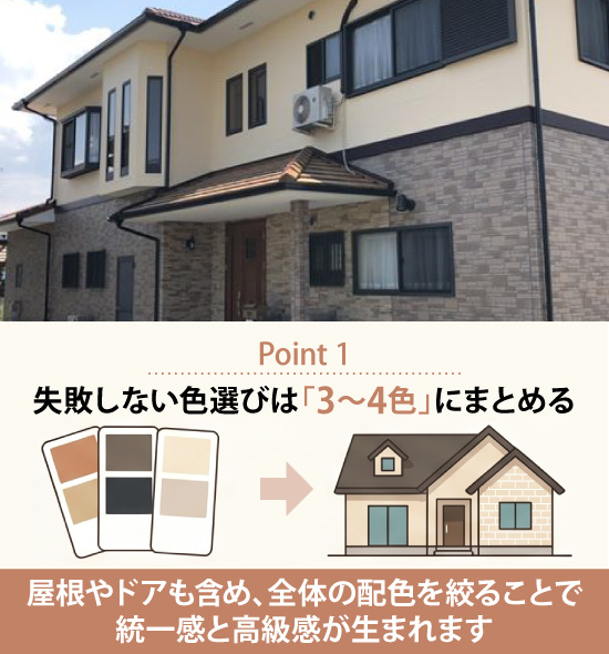 屋根やドアを含め、全体の配色を絞ることで統一感と高級感が生まれます