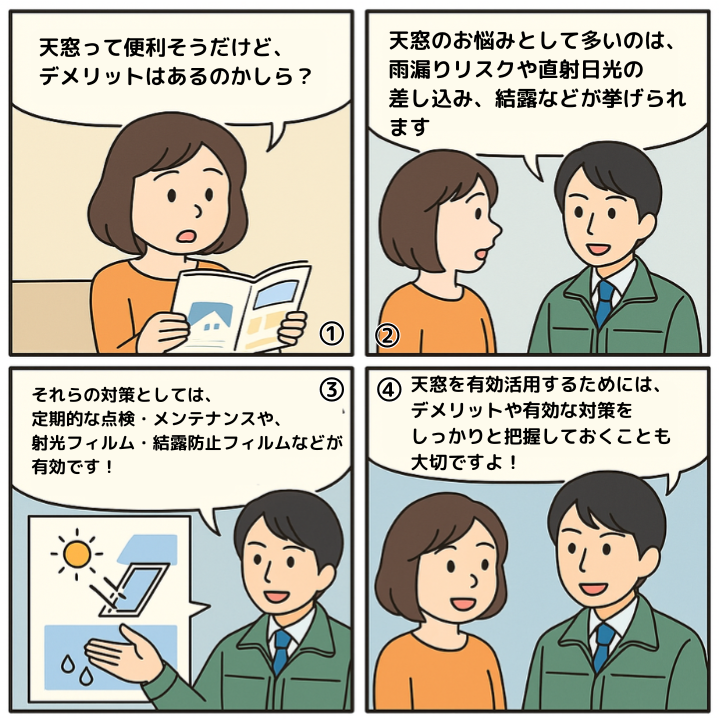 天窓のデメリットについて解説する4コマ漫画