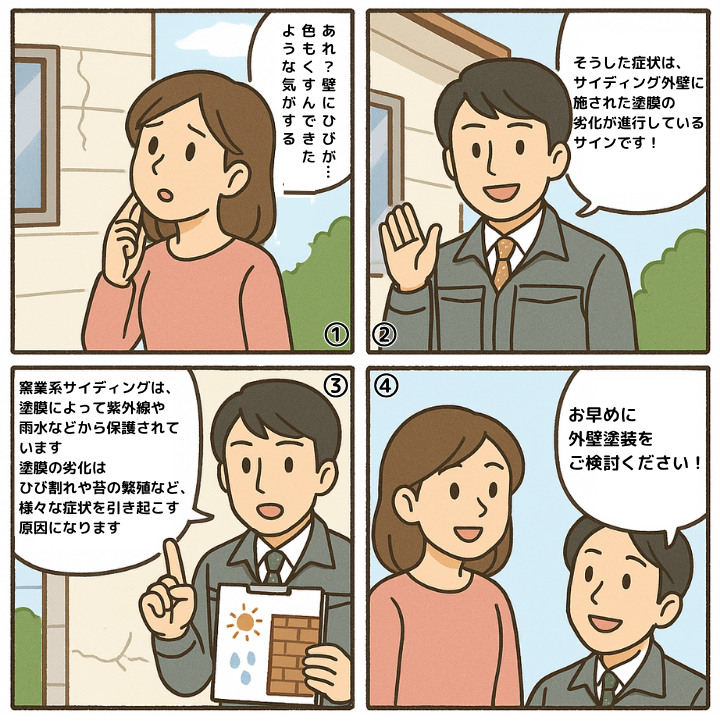 窯業系サイディングの塗装に関して解説する4コマ漫画