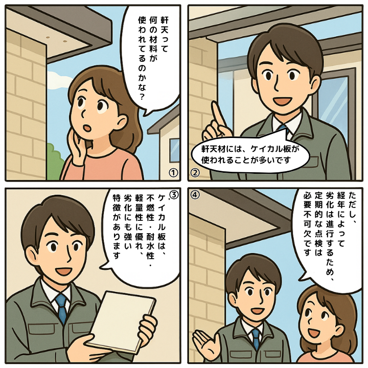 軒天に使用されるケイカル板について紹介する4コマ漫画