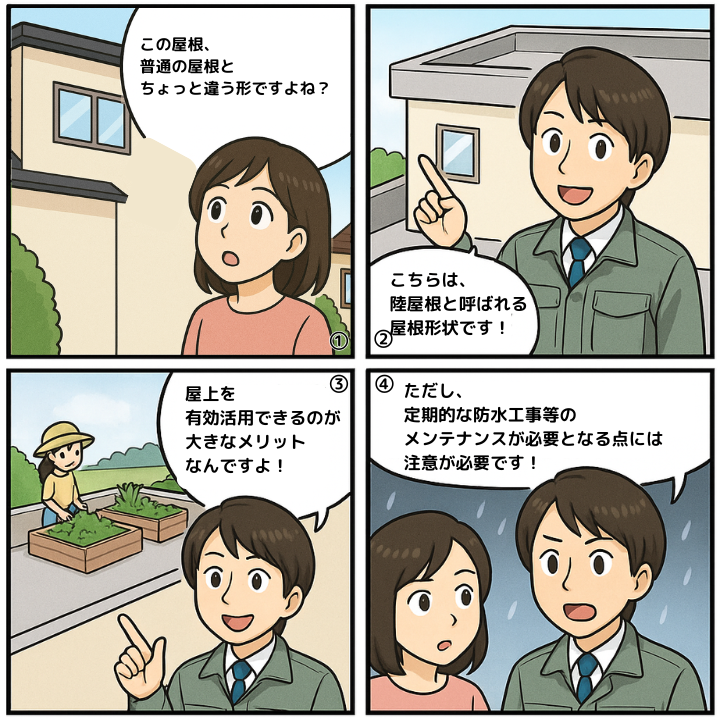 陸屋根のメリット・デメリットについて解説する4コマ漫画