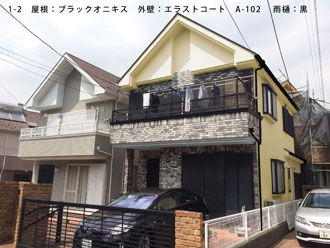 1-2　屋根：ブラックオニキス　外壁：エラストコート　A-102-　雨樋：黒