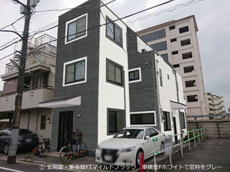 ①-玄関面・車後壁FTマイルドブラック---車横壁Fホワイトで窓枠をグレー-