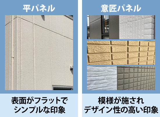 平パネルは表面がフラットでシンプルな印象、意匠パネルは模様が施されデザイン性の高い印象