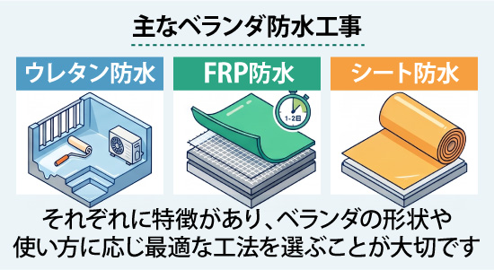 ベランダ防水工事はそれぞれに特徴があり、ベランダの形状や使い方に応じ最適な工法を選ぶことが大切です