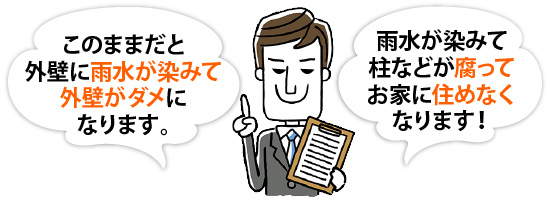 「このままだと外壁に雨水が染みて外壁がダメになります。」「雨水が染みて柱などが腐ってお家に住めなくなります！」