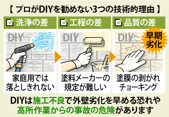DIYは施工不良で外壁劣化を早める恐れや高所作業からの事故の危険があります