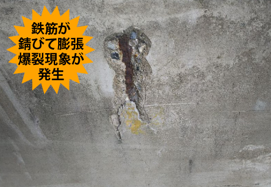 鉄筋が錆びて膨張爆裂現象が発生