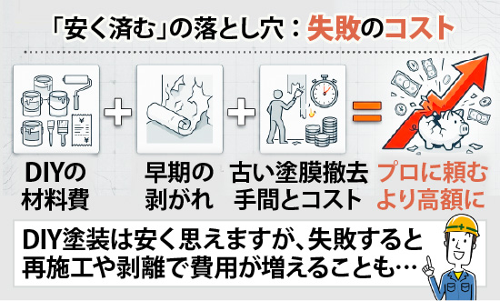 DIY塗装は安く思えますが、失敗すると再施工や剥離で費用が増えることも…