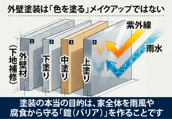塗装の本当の目的は、家全体を雨風や腐食から守る「鎧（バリア）」を作ることです
