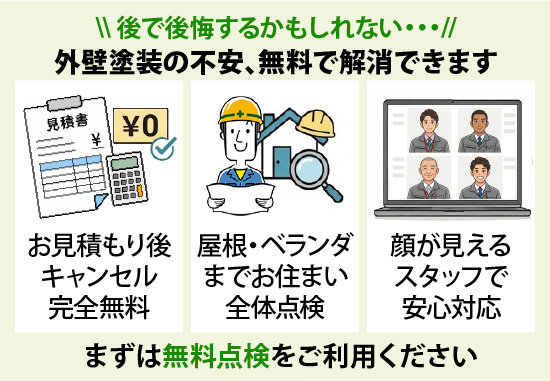 後で後悔するかもしれない・・・ 外壁塗装の不安、無料で解消できます まずは無料点検をご利用ください