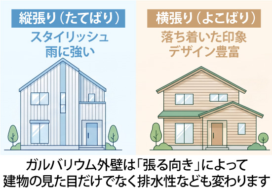ガルバリウム外壁は「張る向き」によって建物の見た目だけでなく排水性なども変わります