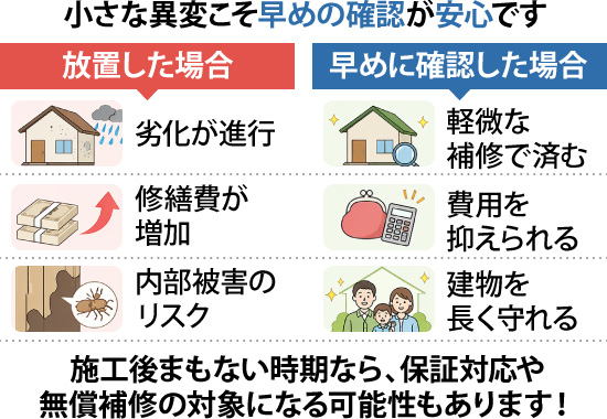 小さな異変こそ早めの確認が安心です 施工後間もない時期なら、保証対応や無償補修の対象になる可能性もあります！