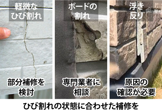 軽微なひび割れは部分補修を検討、ボードの割れは専門業者に相談、浮きや反りは原因の確認が必要