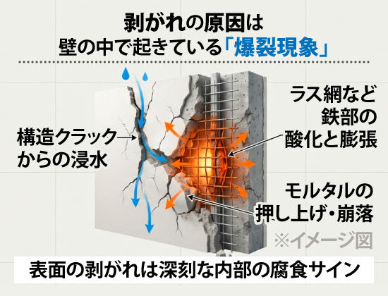 剥がれの原因は壁の中で起きている「爆裂現象」