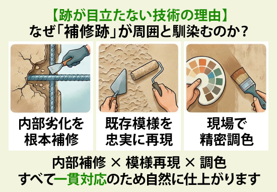 内部補修 × 模様再現 × 調色すべて一貫対応のため自然に仕上がります
