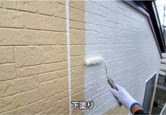 白い下塗り塗料をローラーで塗布