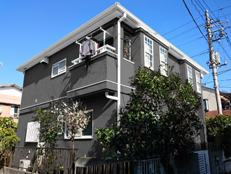 横浜市港北区　屋根塗装　外壁塗装　サーモアイ４Ｆ　エラストコート　外壁の色　ネイビー　グレー　KN671-M