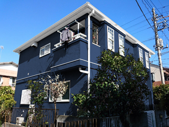 横浜市港北区　屋根塗装　外壁塗装　サーモアイ４Ｆ　エラストコート　外壁の色　ネイビー　グレー　AC52-B