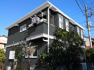 横浜市港北区　屋根塗装　外壁塗装　サーモアイ４Ｆ　エラストコート　外壁の色　ネイビー　グレー　KM672-D（幕板）