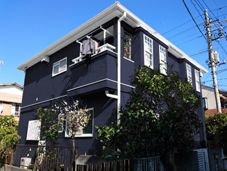 横浜市港北区　屋根塗装　外壁塗装　サーモアイ４Ｆ　エラストコート　外壁の色　ネイビー　グレー　AC44-B