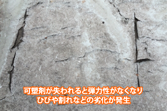 可塑性が失われる弾力性が無くなりひびや割れの劣化が発生