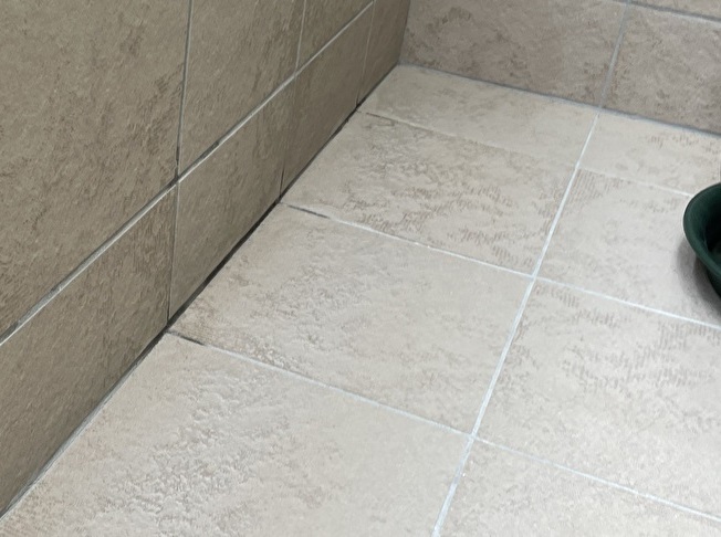 雨染みが発生している箇所は腰壁と床タイルの接合部分