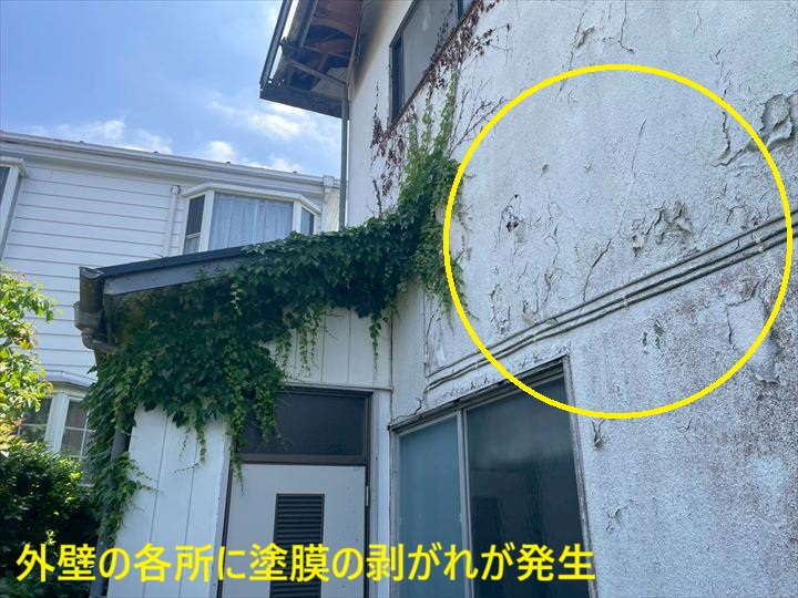 外壁の各所に塗膜の剥がれが発生