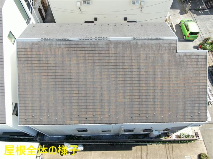 世田谷区祖師谷でスレート屋根の色褪せと苔を確認しダンネストで屋根塗装を行った施工