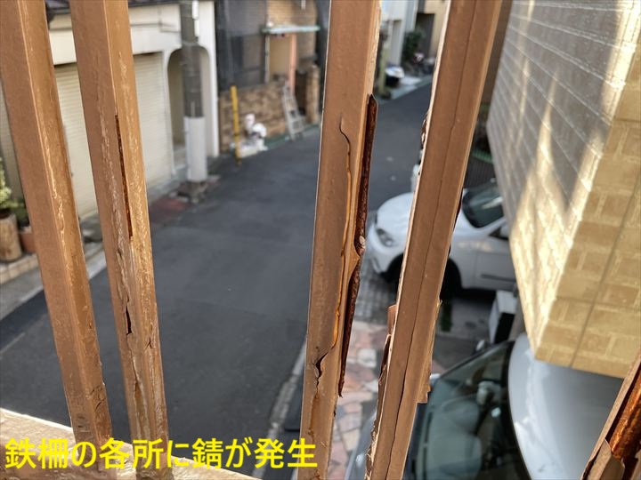 鉄柵の各所に錆が発生
