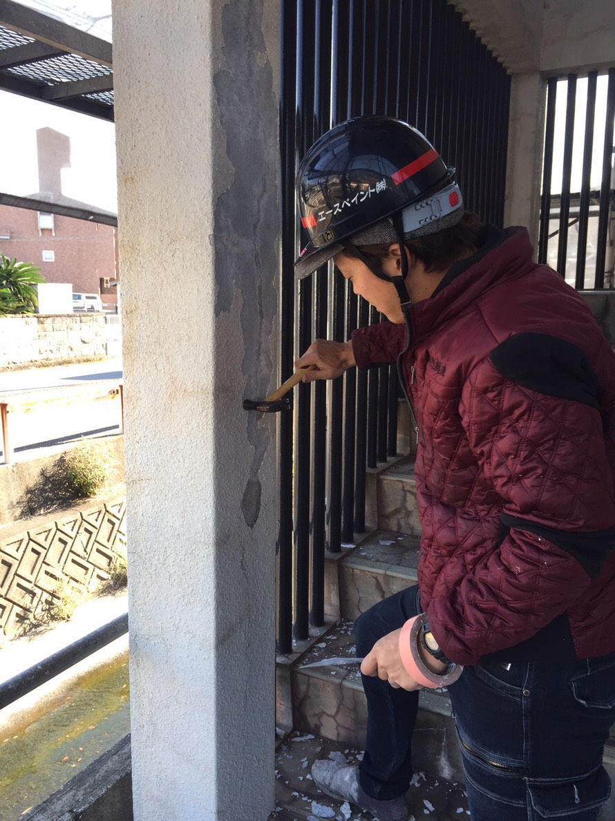 大分市　牧｜２階建てアパート　外壁破損部　下地処理・シール処理　