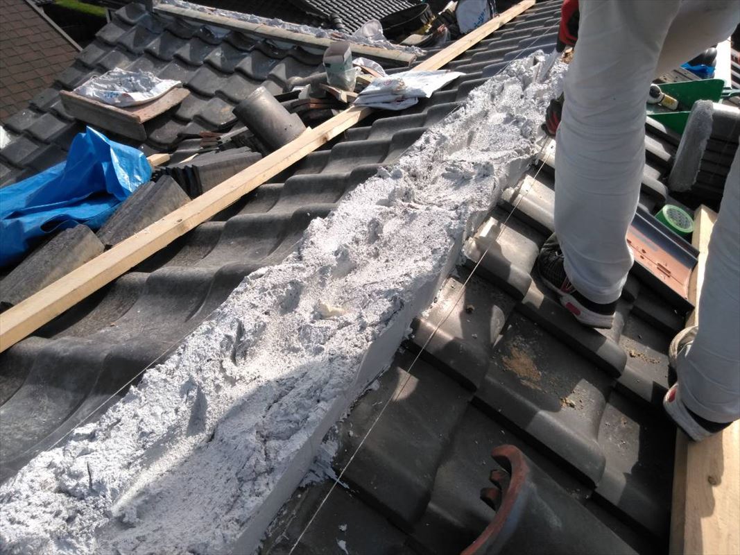 多治見 屋根棟の使替え 南蛮漆喰で水をシャットアウト