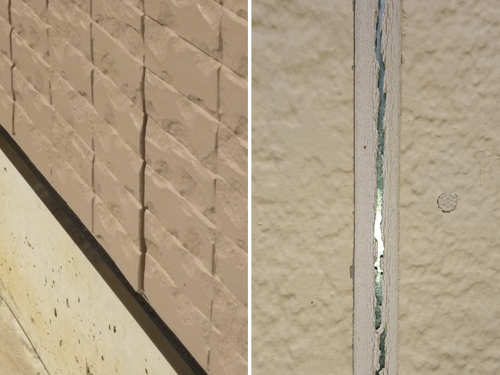 外壁の劣化症状：サイディングの反りや浮き、目地のシーリングのひび割れ