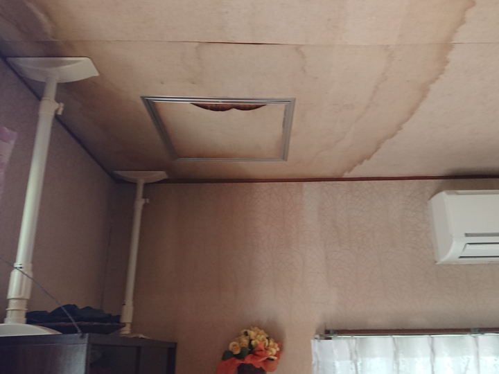 天井から雨漏りが起きている様子