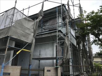 袖ケ浦市｜外壁塗装工事中、大型連休前のメッシュシート養生