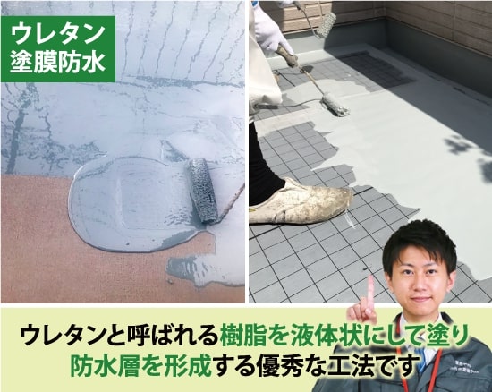 ウレタンと呼ばれる樹脂を液体状にして塗り防水層を形成する優秀な工法です