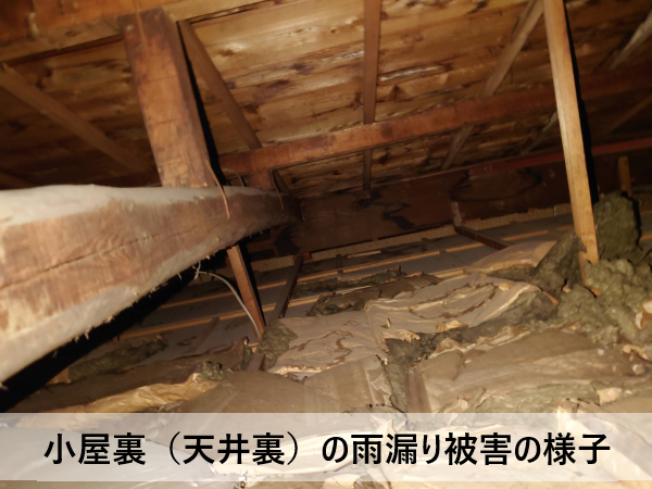 小屋裏（屋根裏）の雨漏り被害の様子