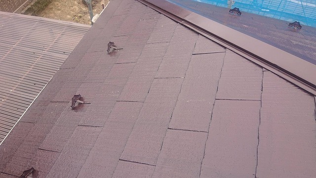上伊那郡宮田村で苔やカビが生えたスレート屋根の塗装工事、タスペーサーの重要性