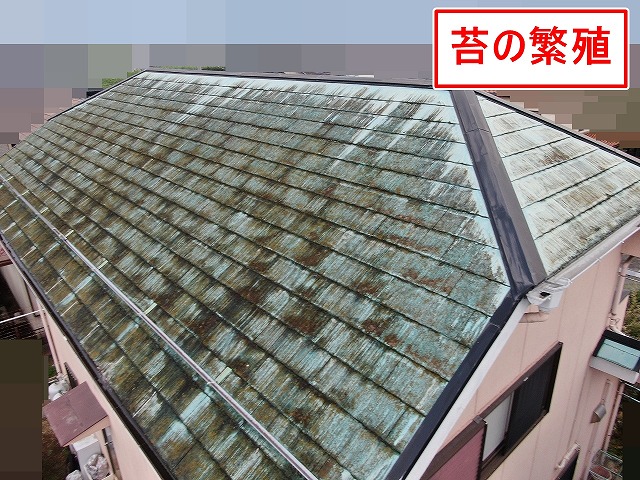 笛吹市でコロニアル屋根の北面に苔が繁殖している様子