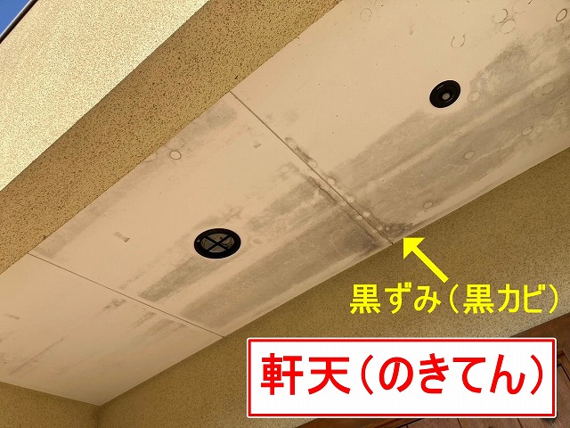 笛吹市で黒カビ（黒ずみ・シミ）のある軒天を防カビ塗料で白→茶色へカラーチェンジ！