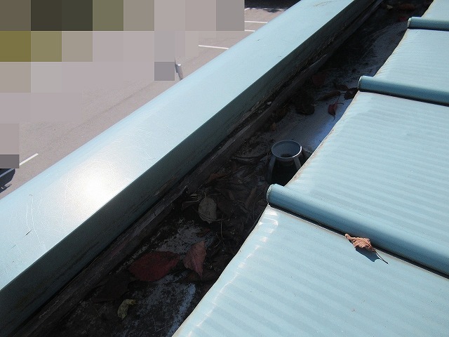 南都留郡富士河口湖町でガルバリウム鋼板屋根の箱樋に落ち葉が溜まっている様子